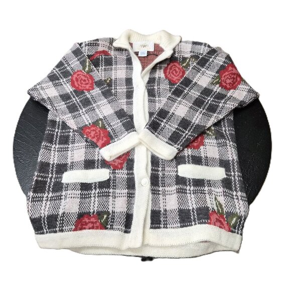 Vintage Italian Mohair Angora Cardigan Niki Line Roses & Plaid Grannycore Ugly - Picture 3 of 4